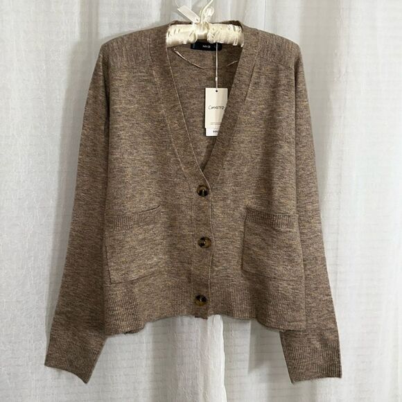 MNG XL Medium Brown Cropped Boxy Fit Three Button Front Pocket Cardigan - Picture 1 of 11